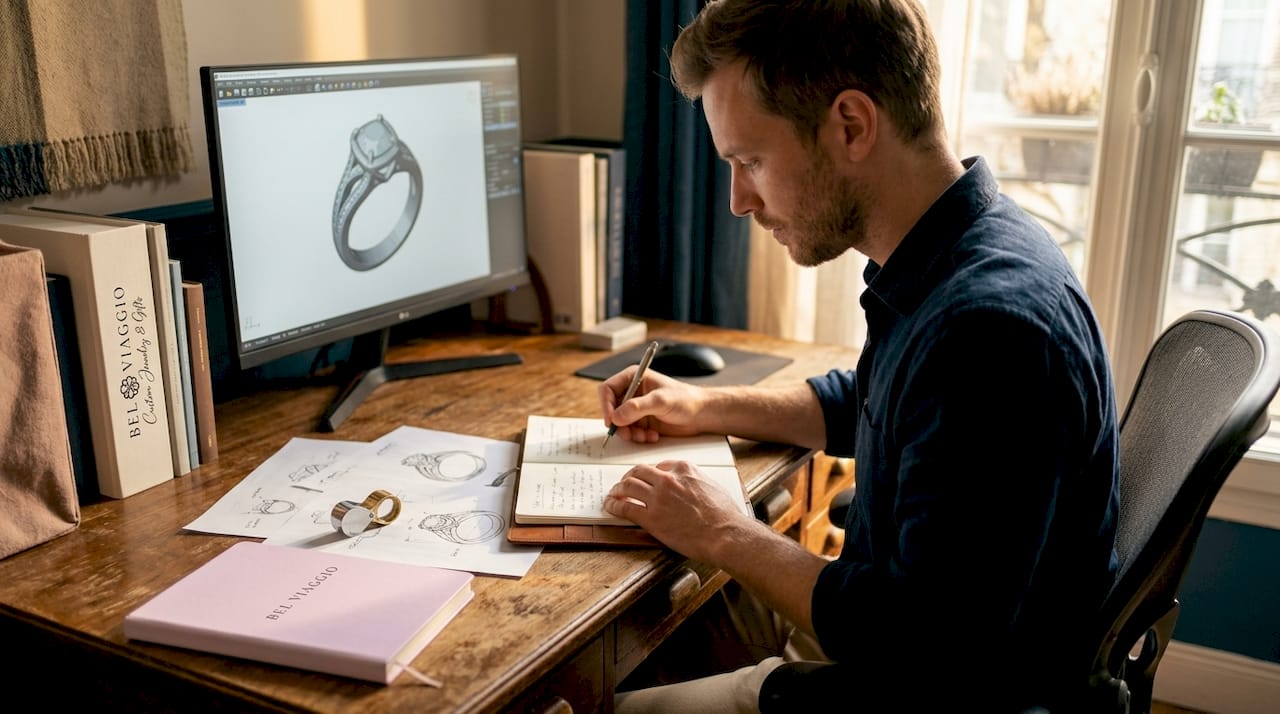 Jewelry designer examining ring render on monitor