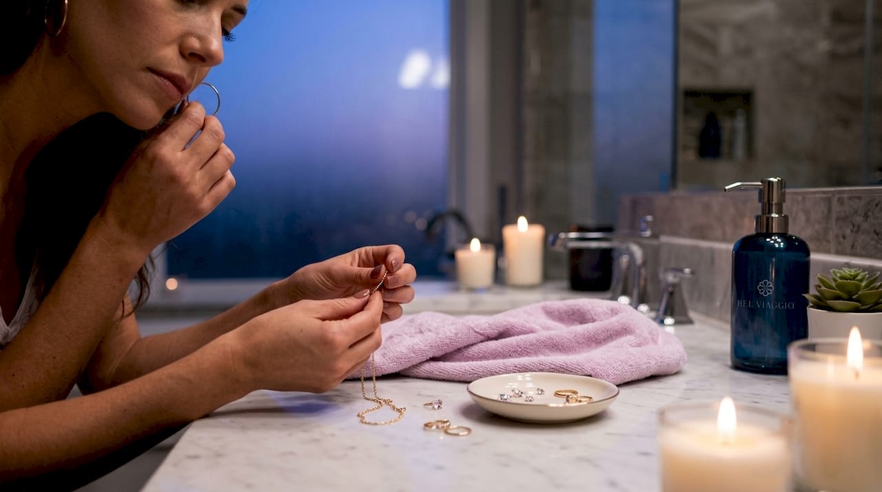 Woman adjusts gold jewelry at kitchen counter