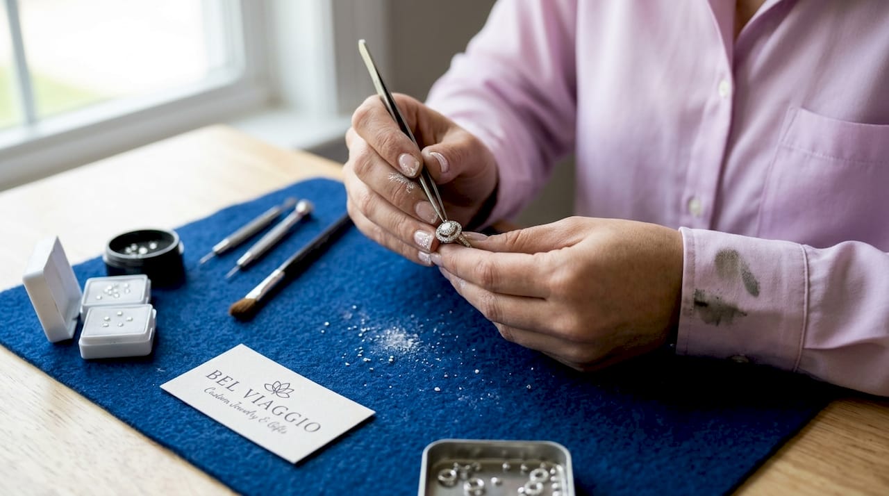 Hands setting accent stones in halo ring
