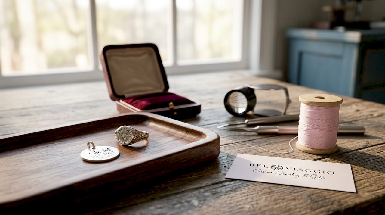 Custom engraved jewelry on wooden table