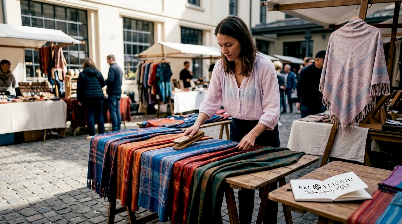 Artisan arranging textiles at market stall