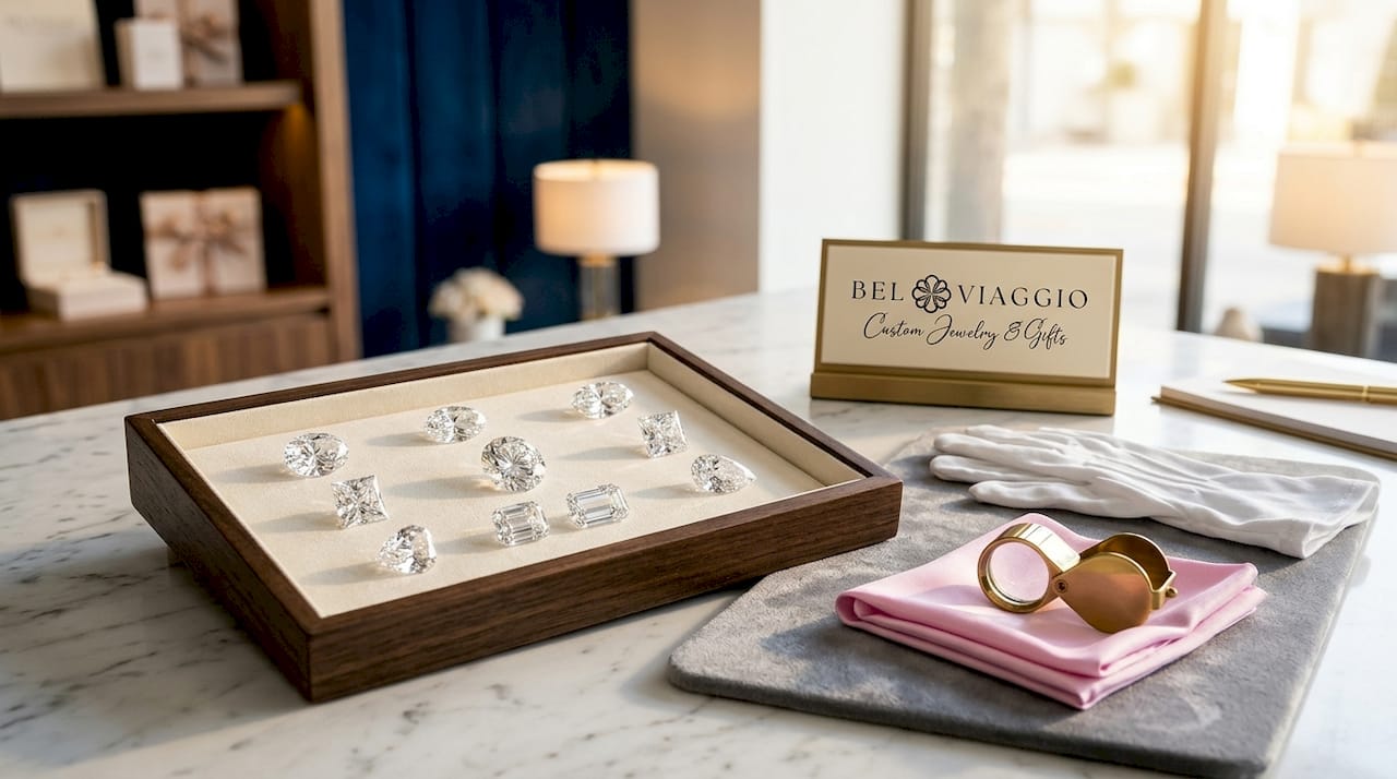 Display tray with assorted polished diamond shapes