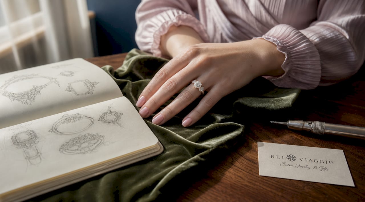 Close-up of hand wearing three-stone engagement ring