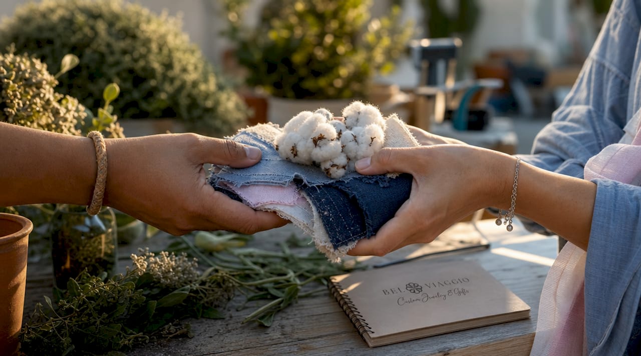 Hands exchanging sustainable raw material samples