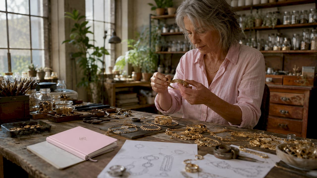 Hands sorting recycled gold jewelry at workshop table