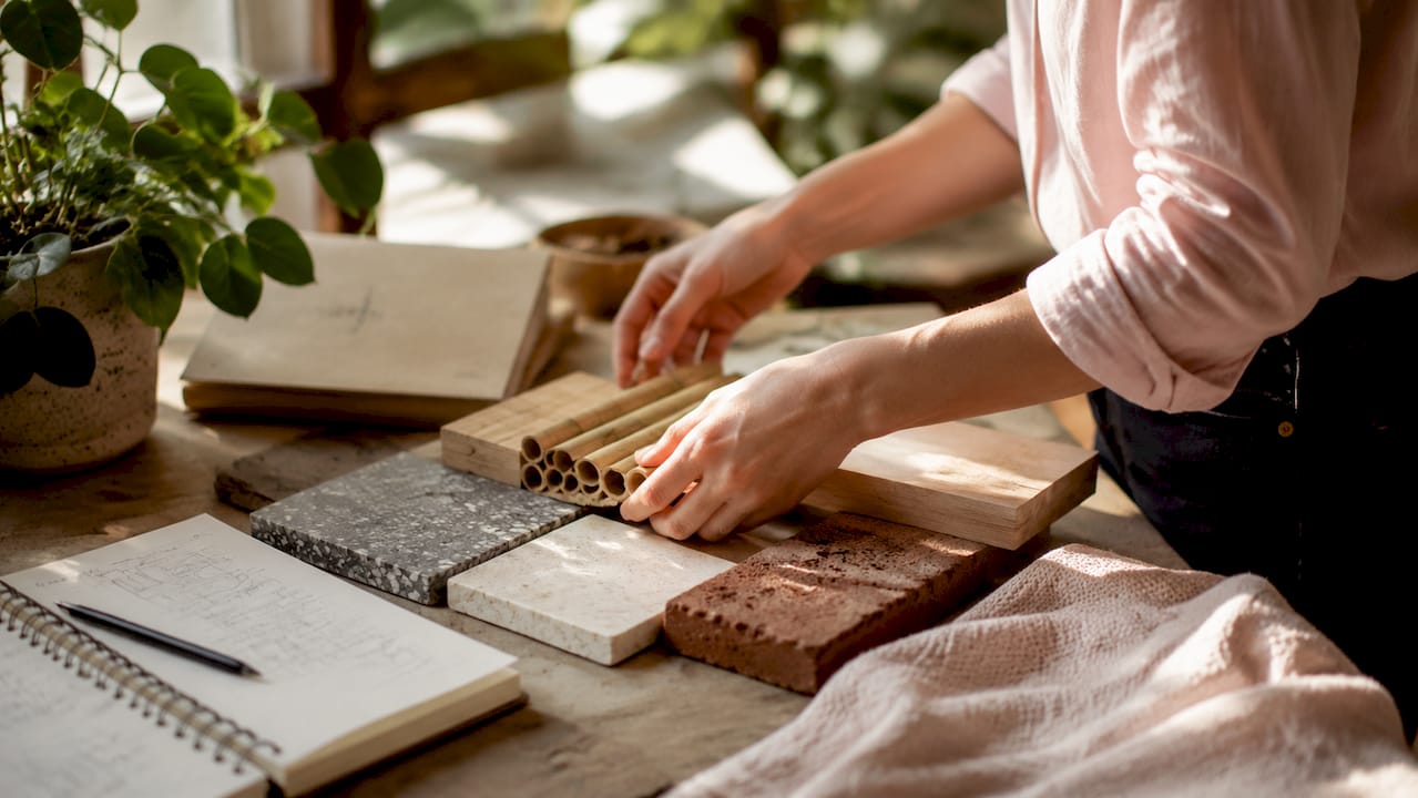 Hands holding sustainable building material samples on wood