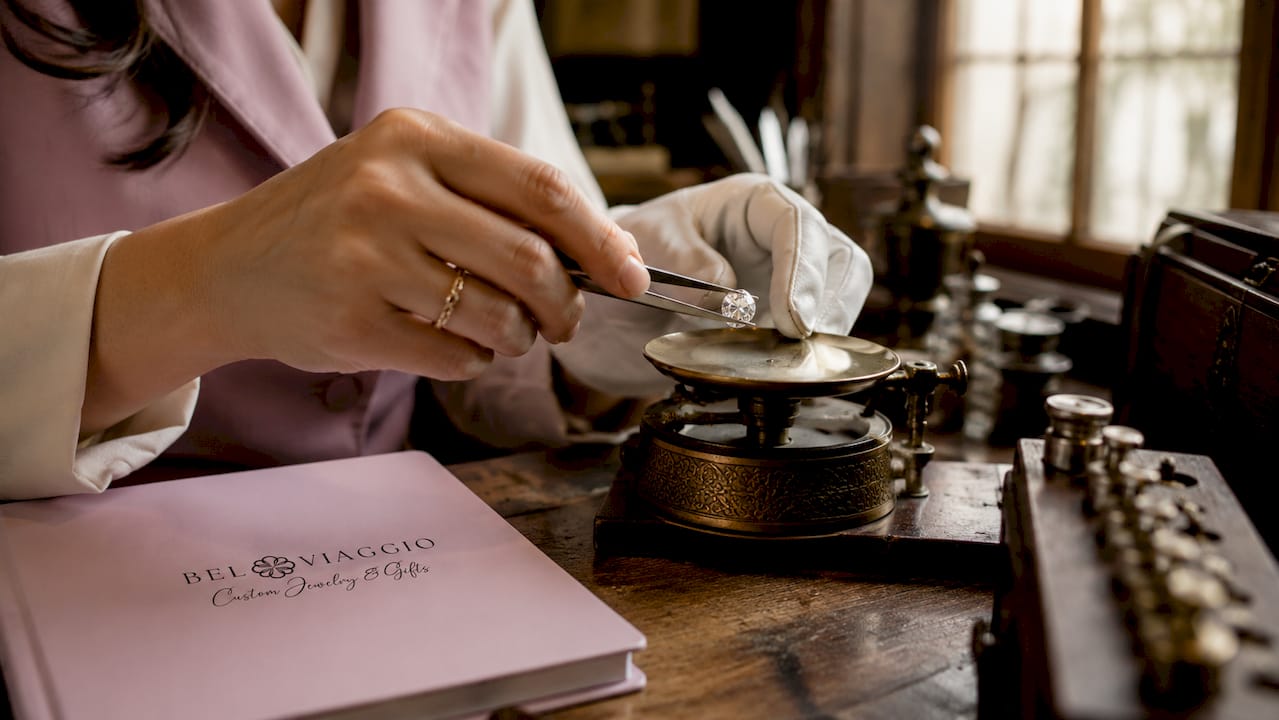 Hands weighing diamond on digital caliper scale