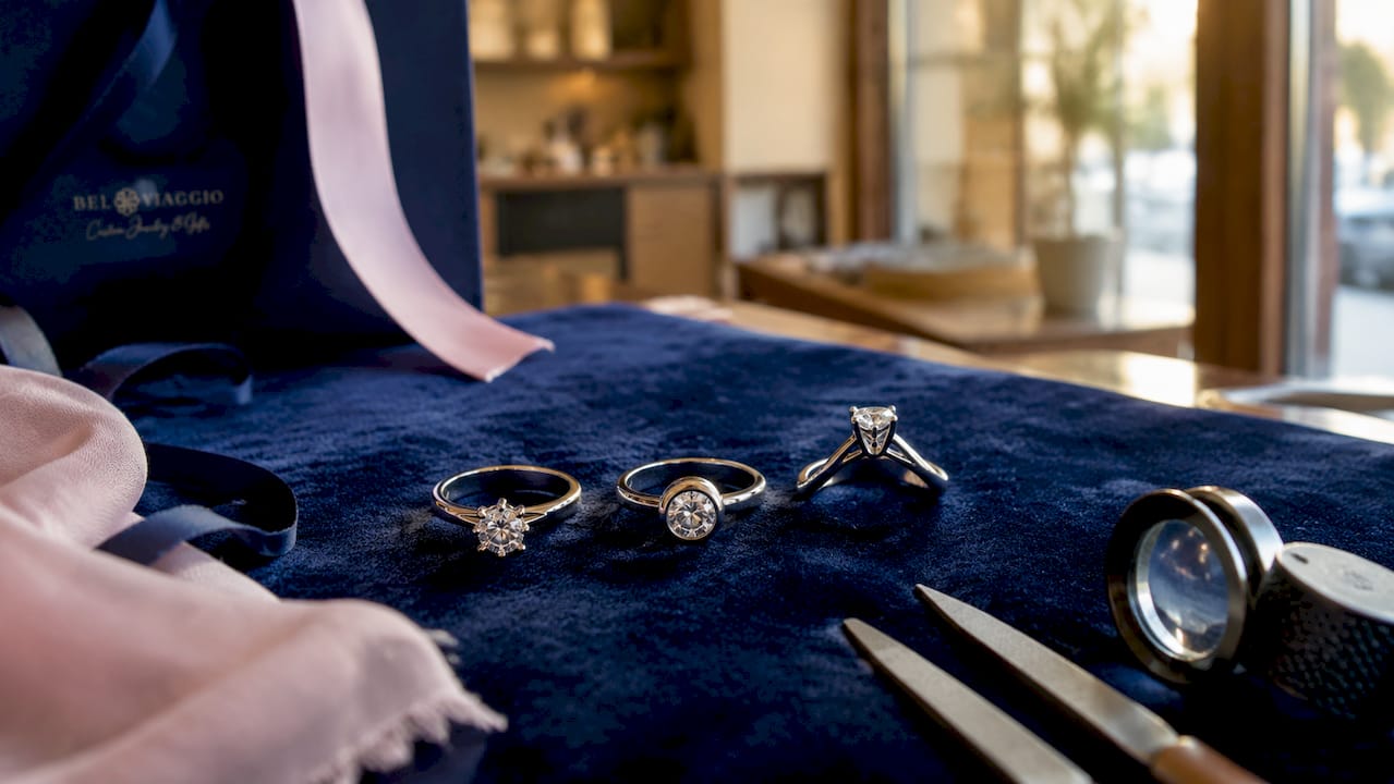 Top-down view of various solitaire ring settings on worktable