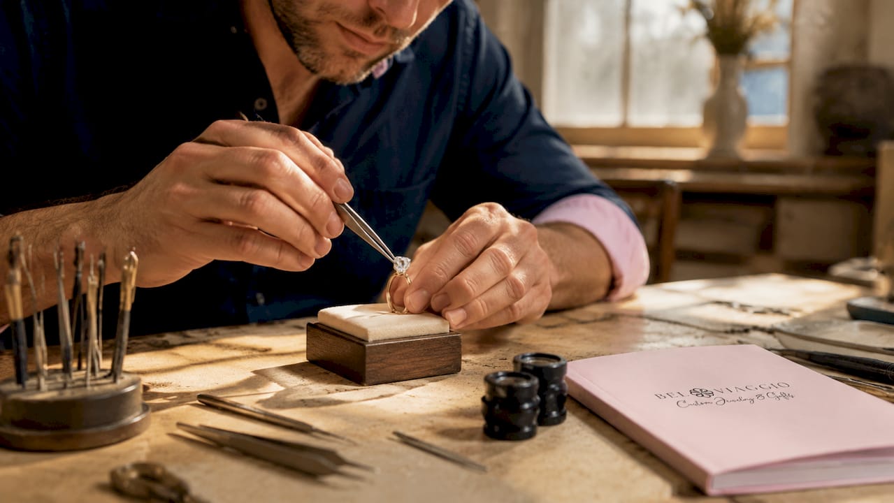 Jeweler setting diamond into engagement ring