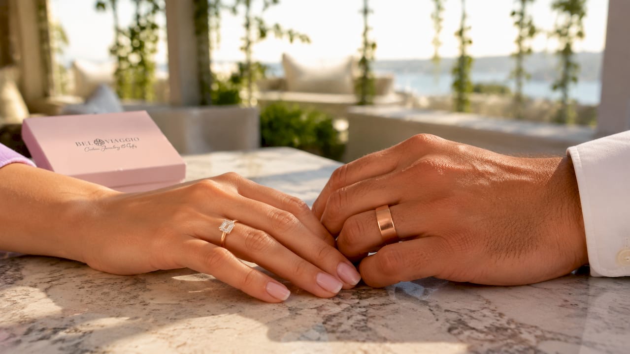 Hands wearing engagement ring and wedding band side by side