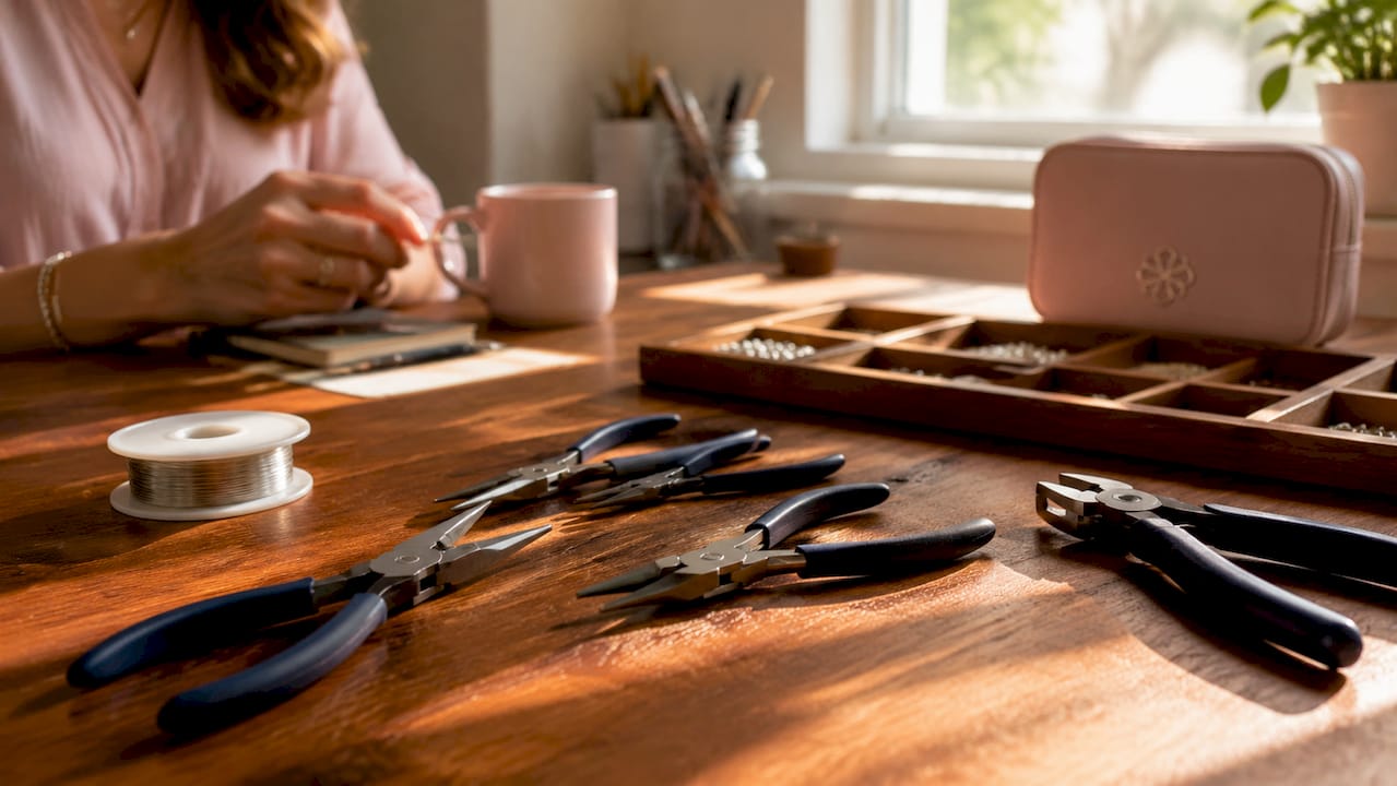 Necklace making tools laid out on grey surface