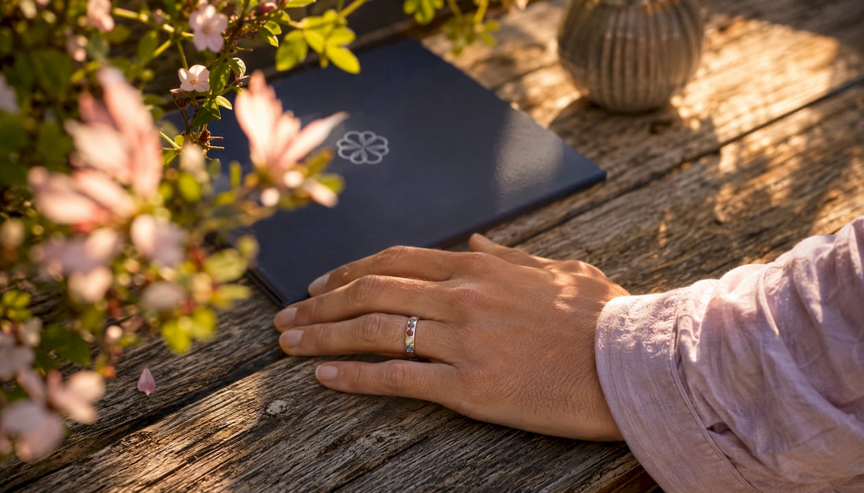 Man’s hand wearing custom birthstone family ring