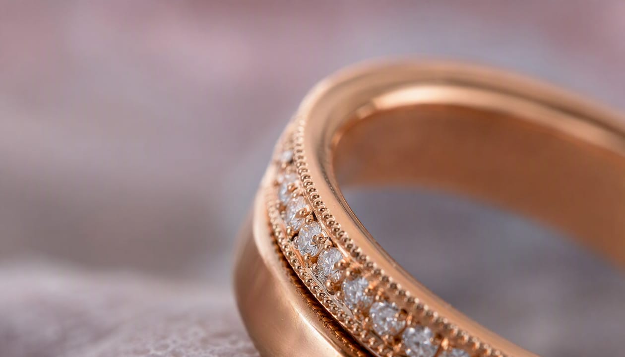 Close detail of pavé diamonds on gold ring band