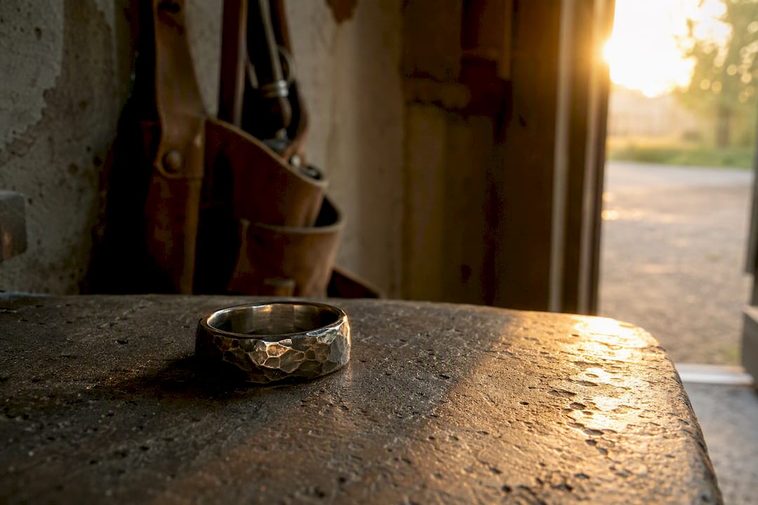 Hammered textured recycled scrap-metal ring
