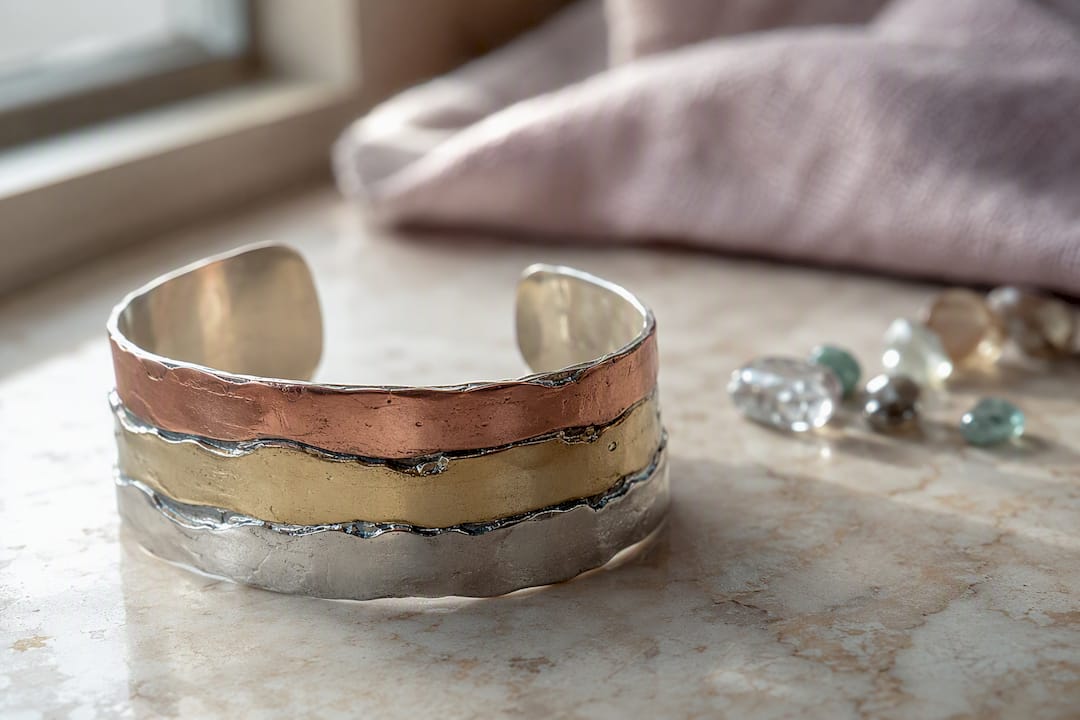 Layered mixed-metal cuff showing seams