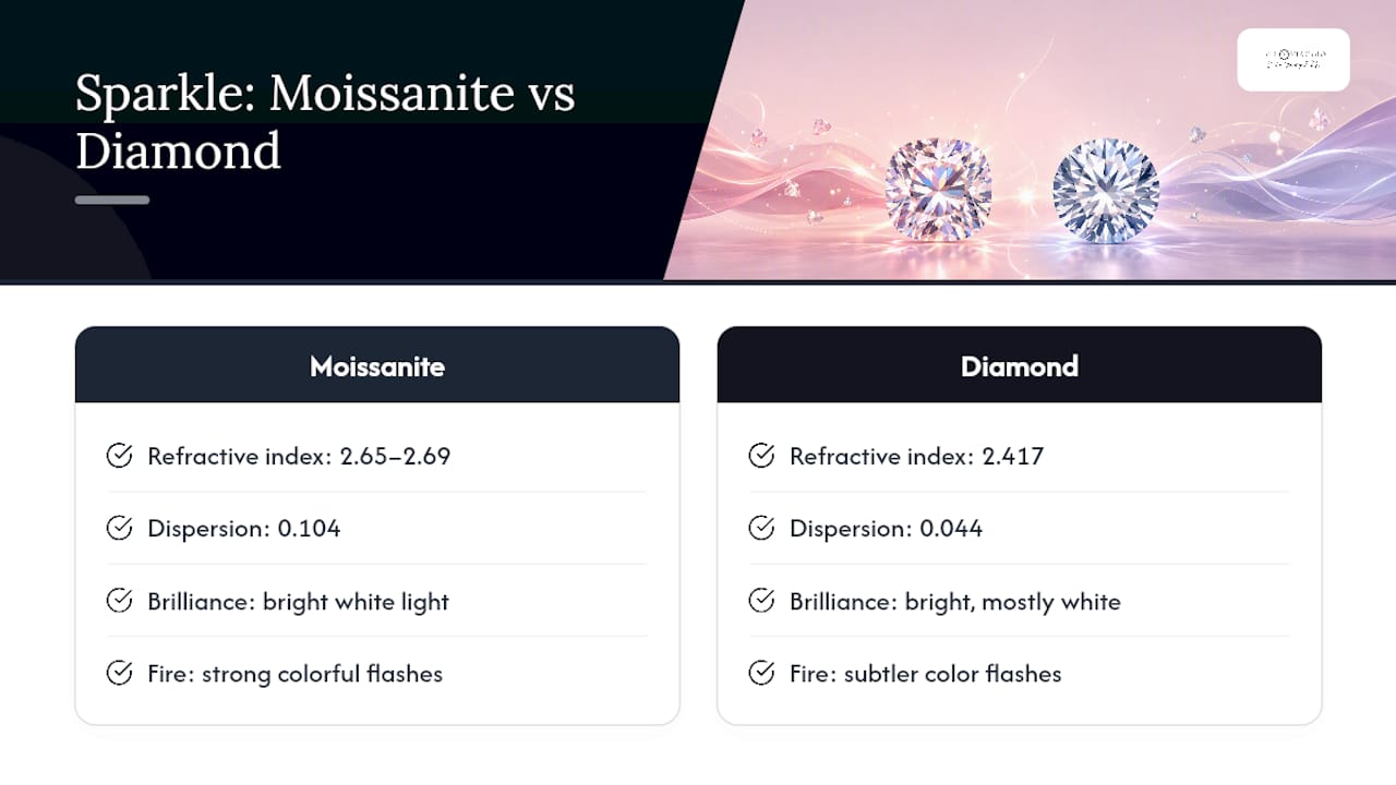 Diagram comparing sparkle properties of moissanite and diamond