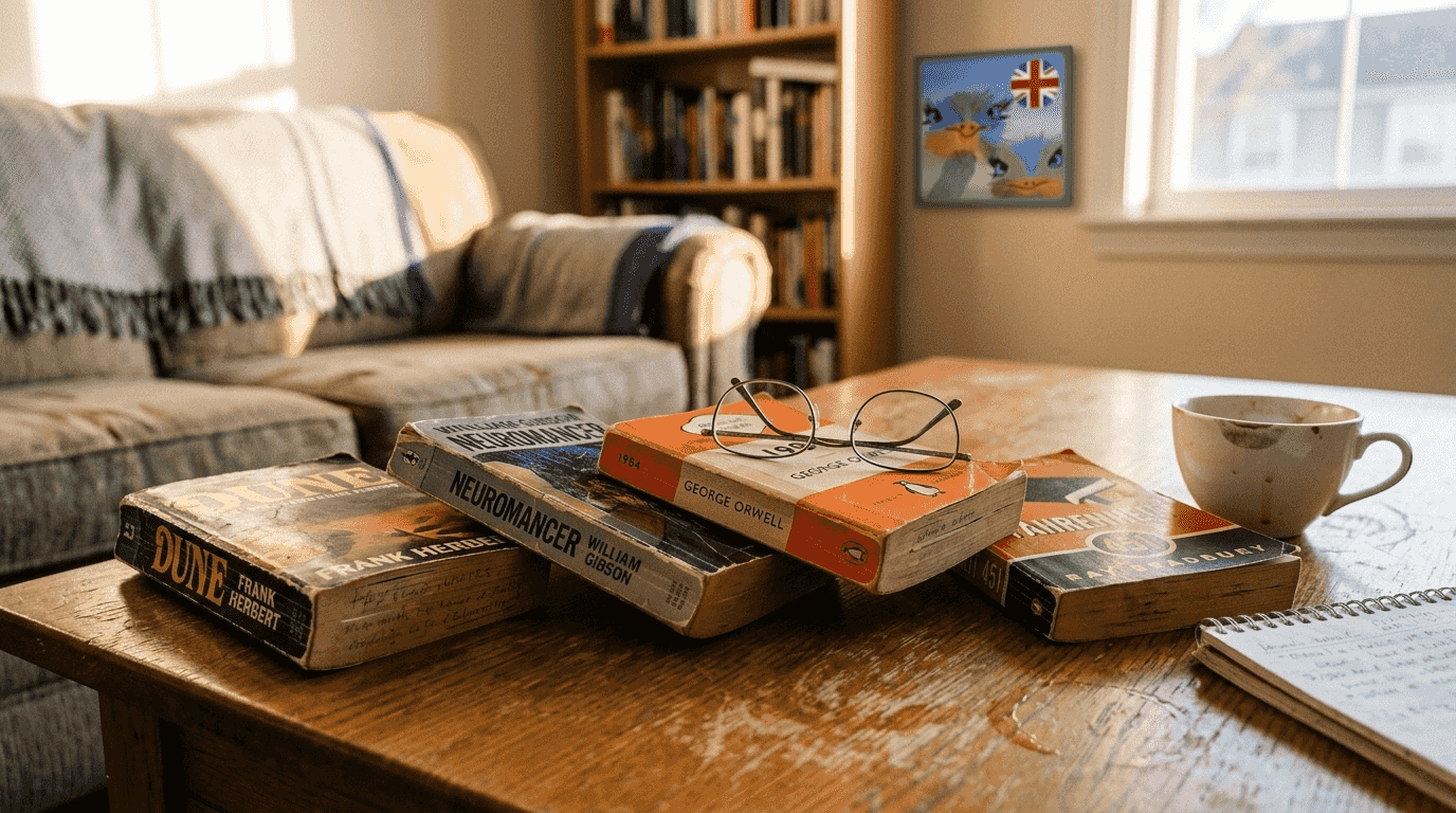 Classic sci-fi books spread on coffee table