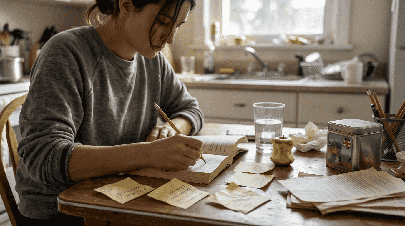 Woman annotating books with handwritten notes