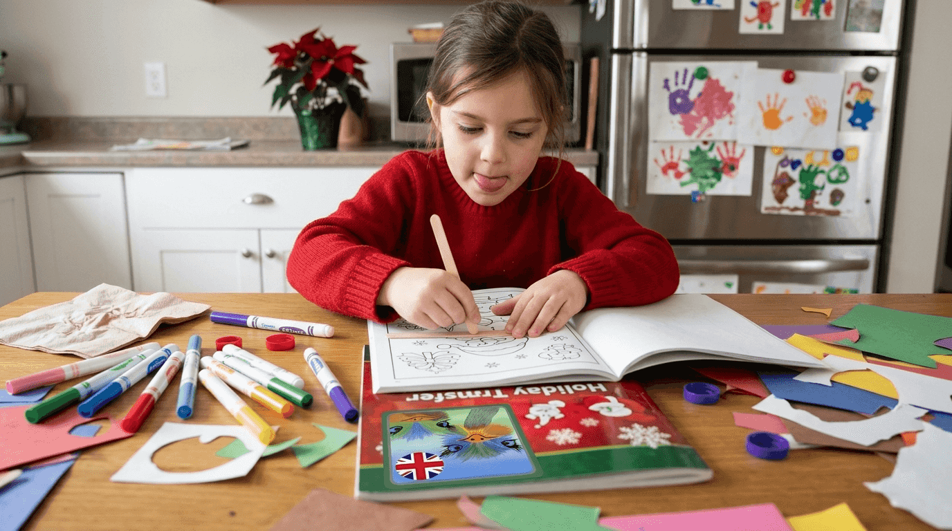 Girl uses holiday coloring transfer activity book