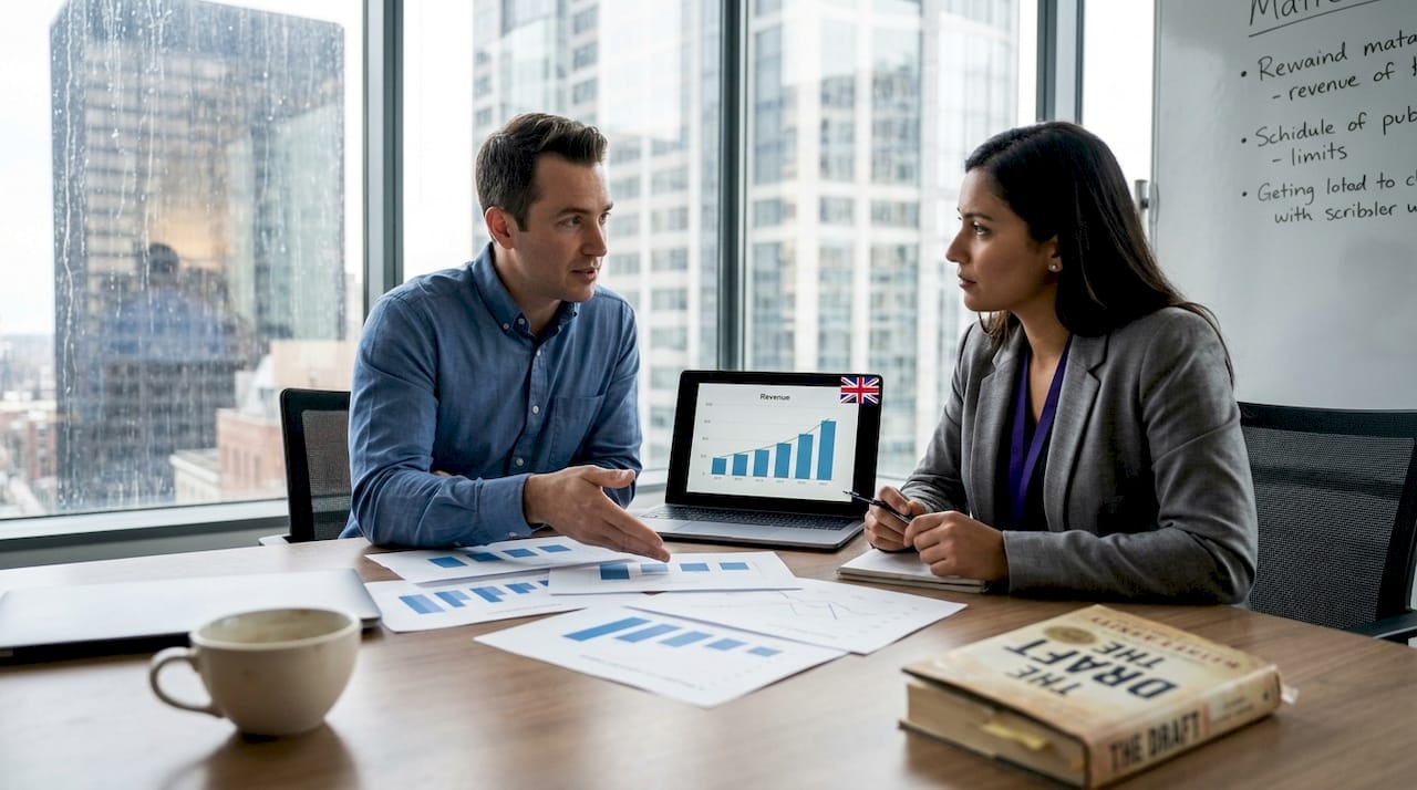 Publishing team reviewing industry trends report