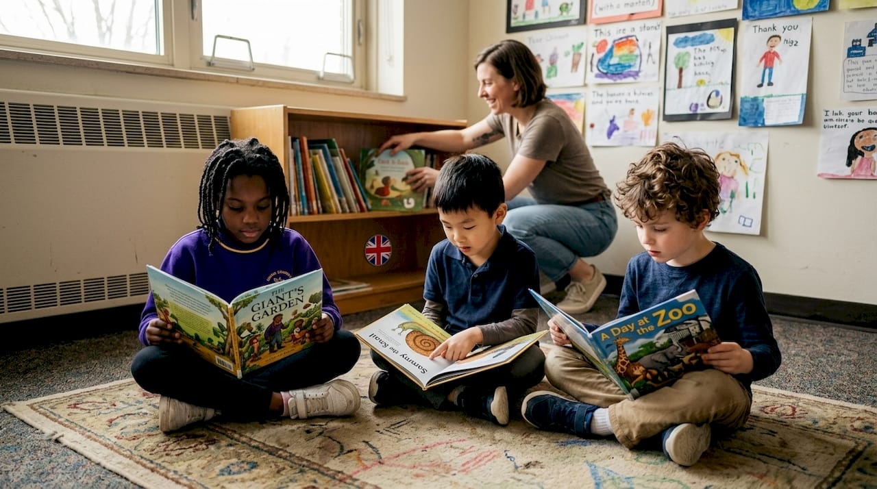 Diverse group of children reading illustrated books