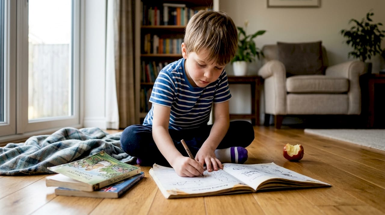 Boy reading and working in activity book