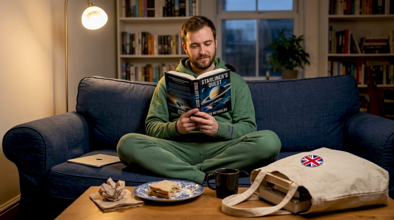 Man reading modern sci-fi novel at home