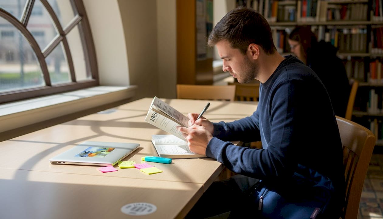 Student annotating 1984 science fiction novel