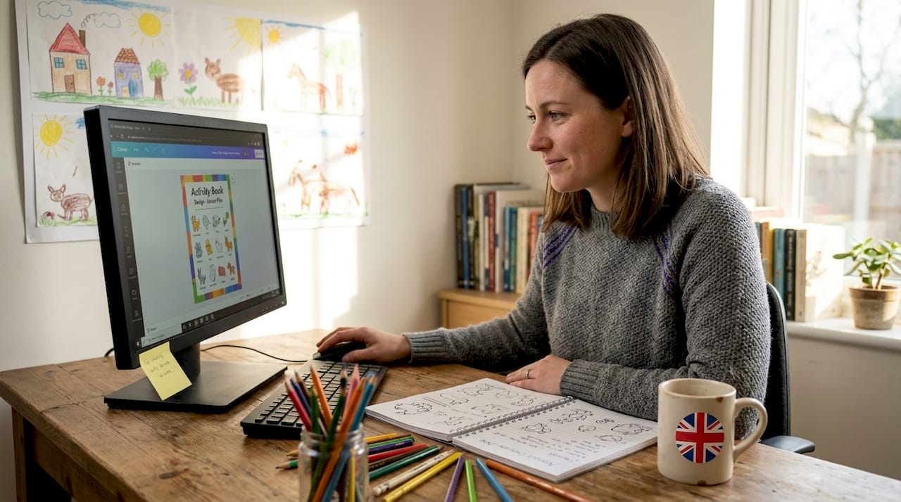 Teacher designing activity book on computer