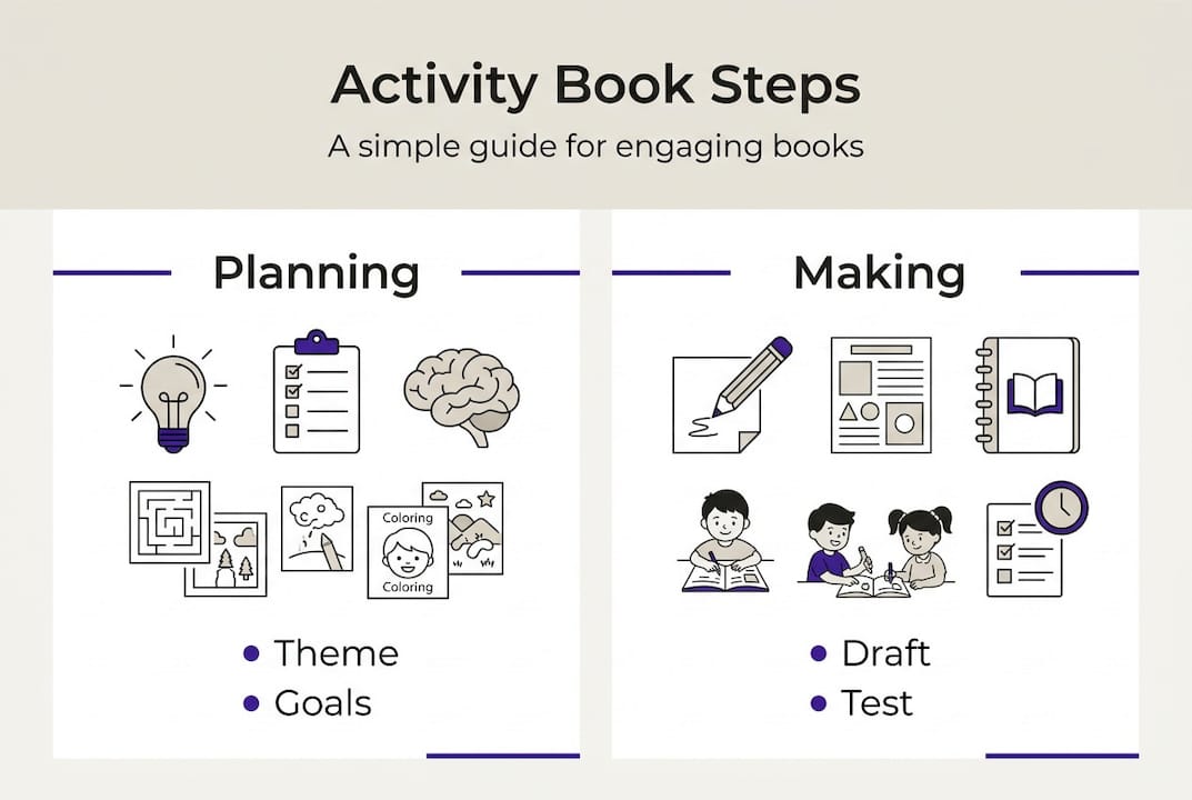 Infographic outlining steps for kids activity books
