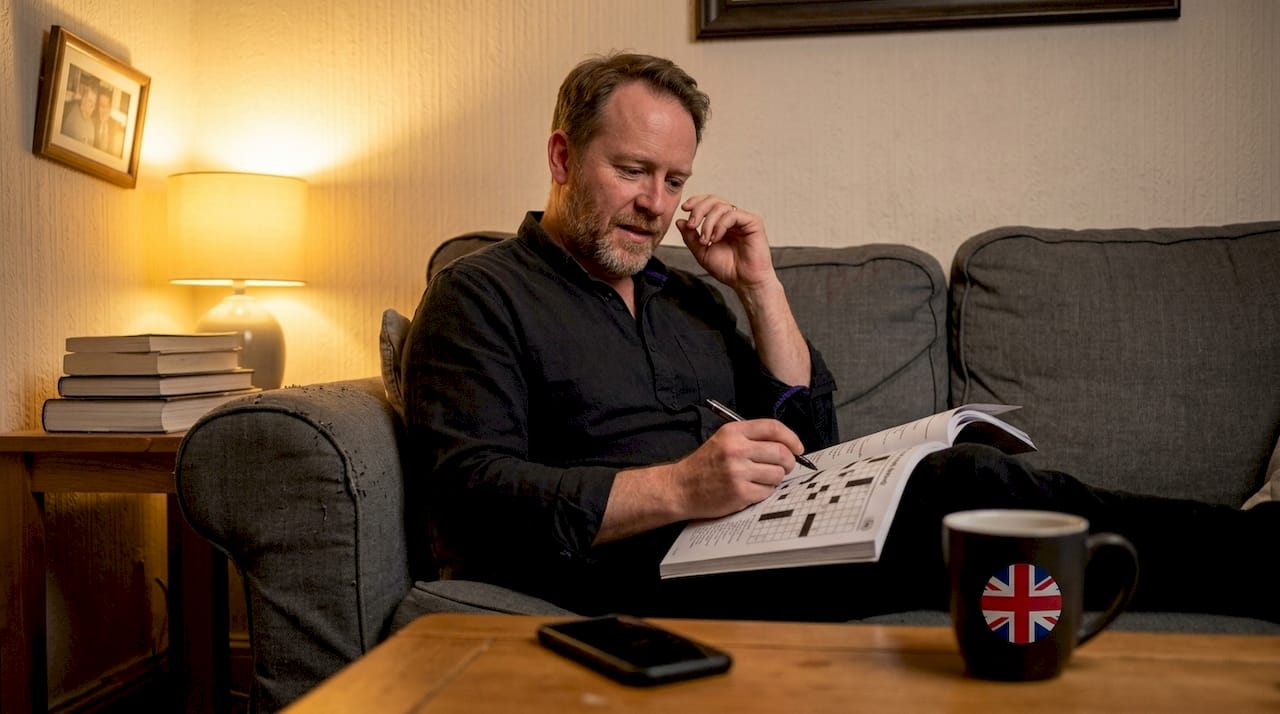 Man completing activity book on living room sofa