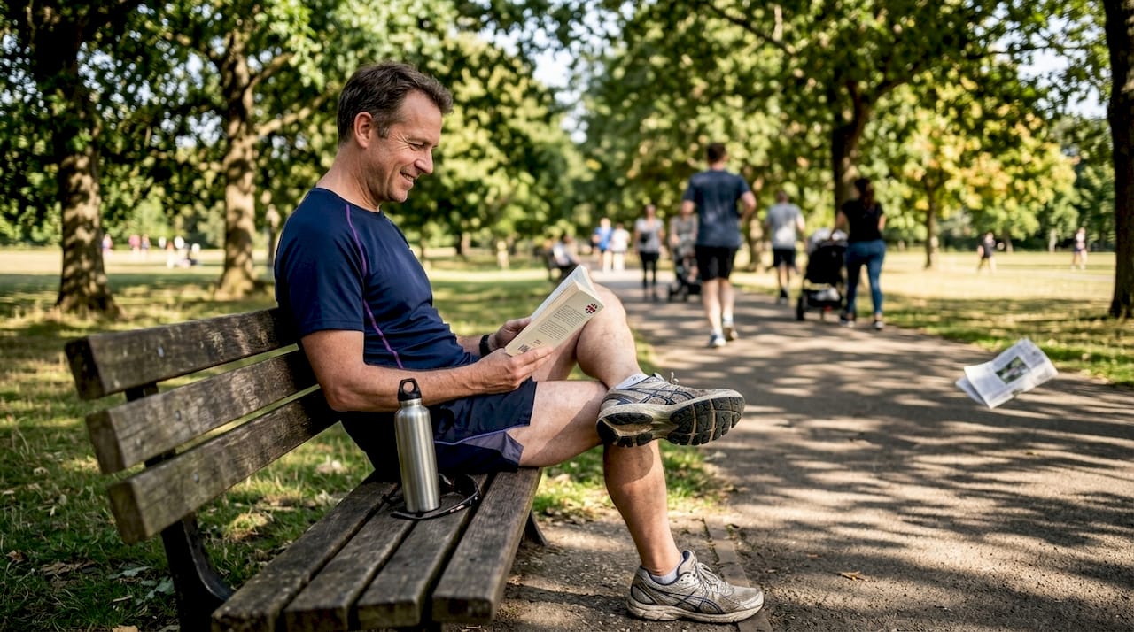 Man reading on park bench after exercise