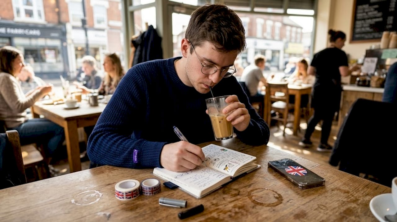 Man writing in Japanese notebook café