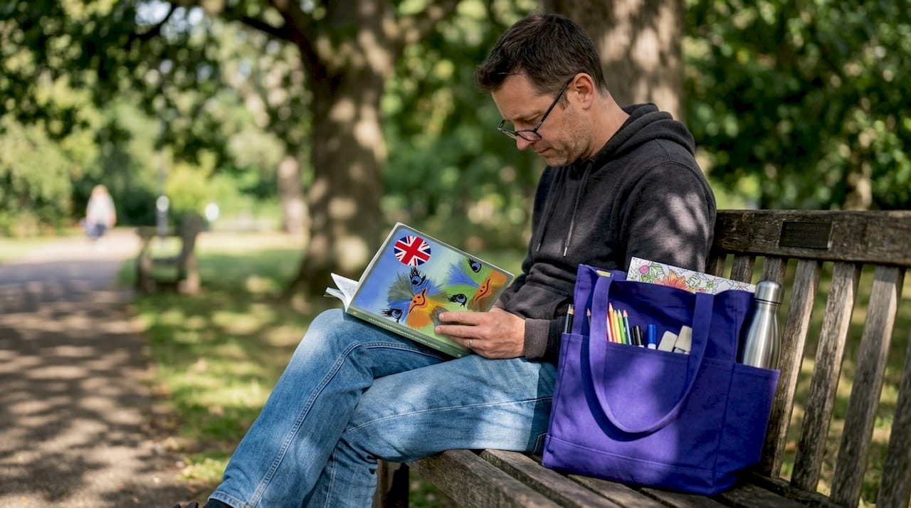 Man coloring garden scene on park bench