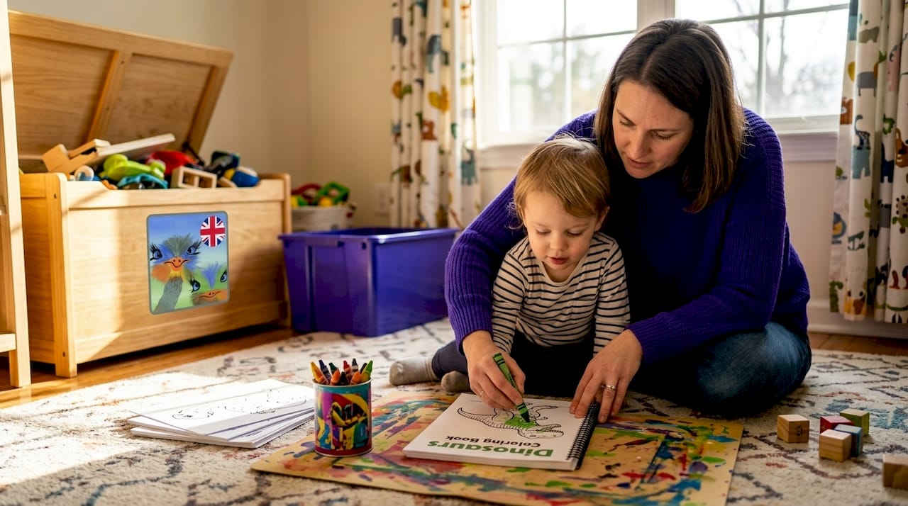 Parent guides child in coloring activity