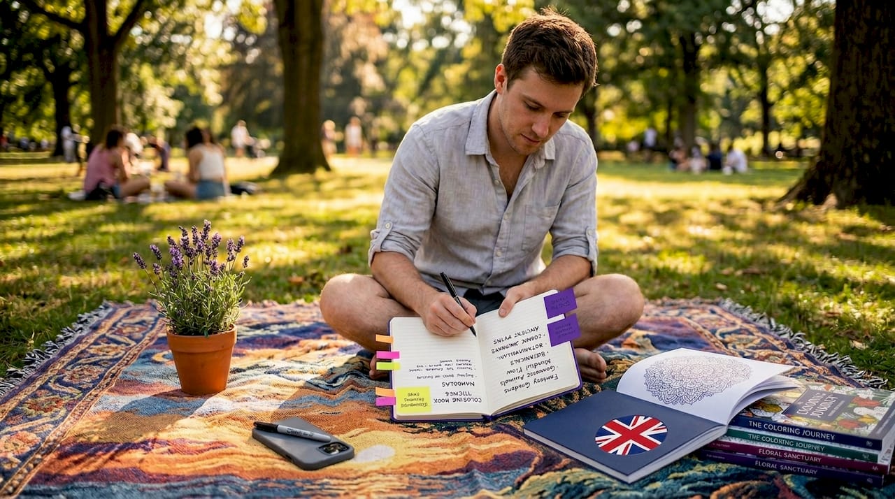 Man brainstorming coloring book themes on floor