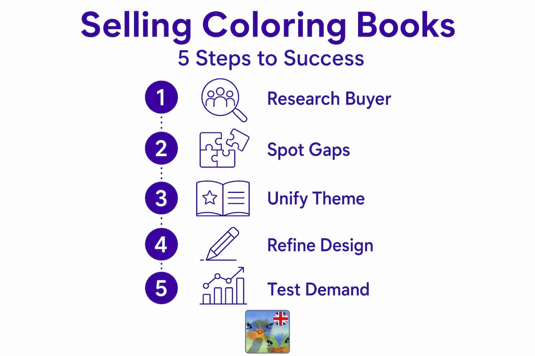 Infographic listing five steps for selling coloring books