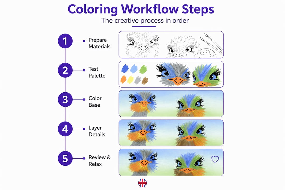 Infographic of creative coloring workflow steps