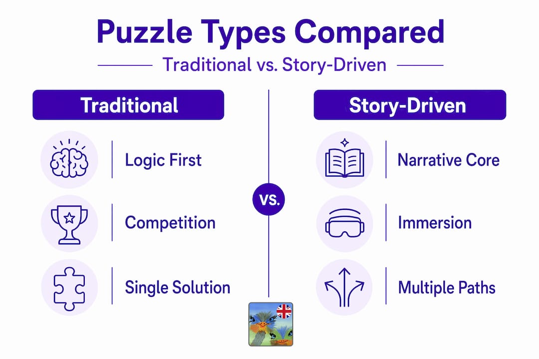 Infographic comparing traditional and story-driven puzzles