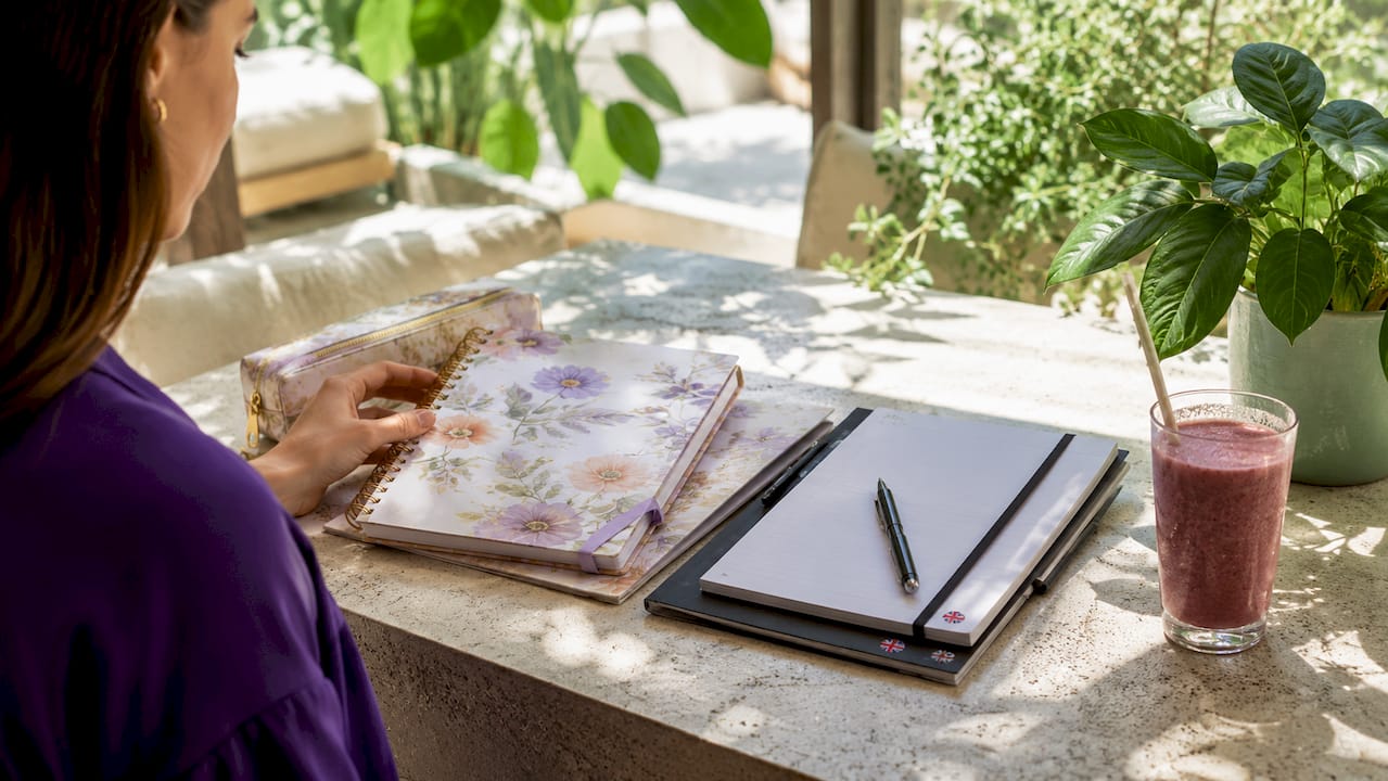 Floral and minimalist stationery sets on table