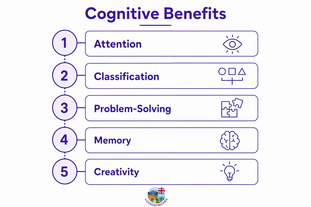 Infographic showing cognitive benefits stages of themed puzzles