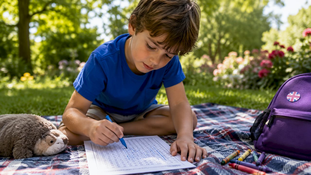 Child marking colorful word search puzzle at desk