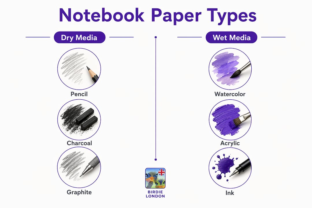 Infographic comparing dry versus wet media notebook paper types