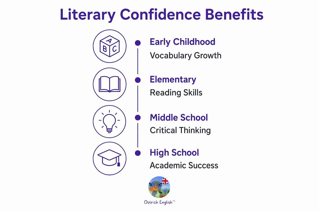 Infographic illustrating stages of cognitive benefits from literary confidence