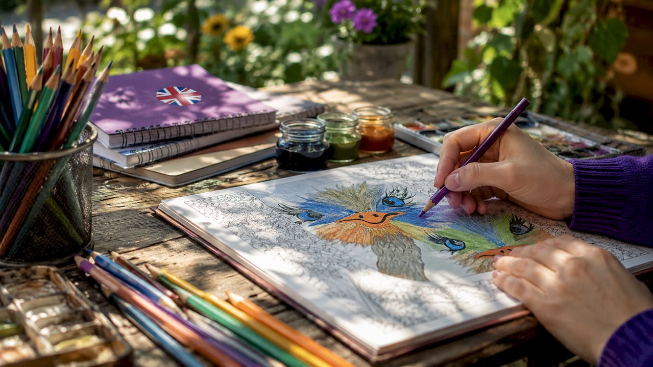 Close-up of hands coloring flirtation artwork