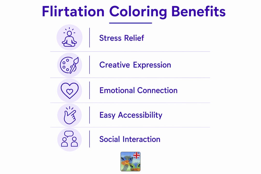 Infographic showing key benefits of flirtation coloring books