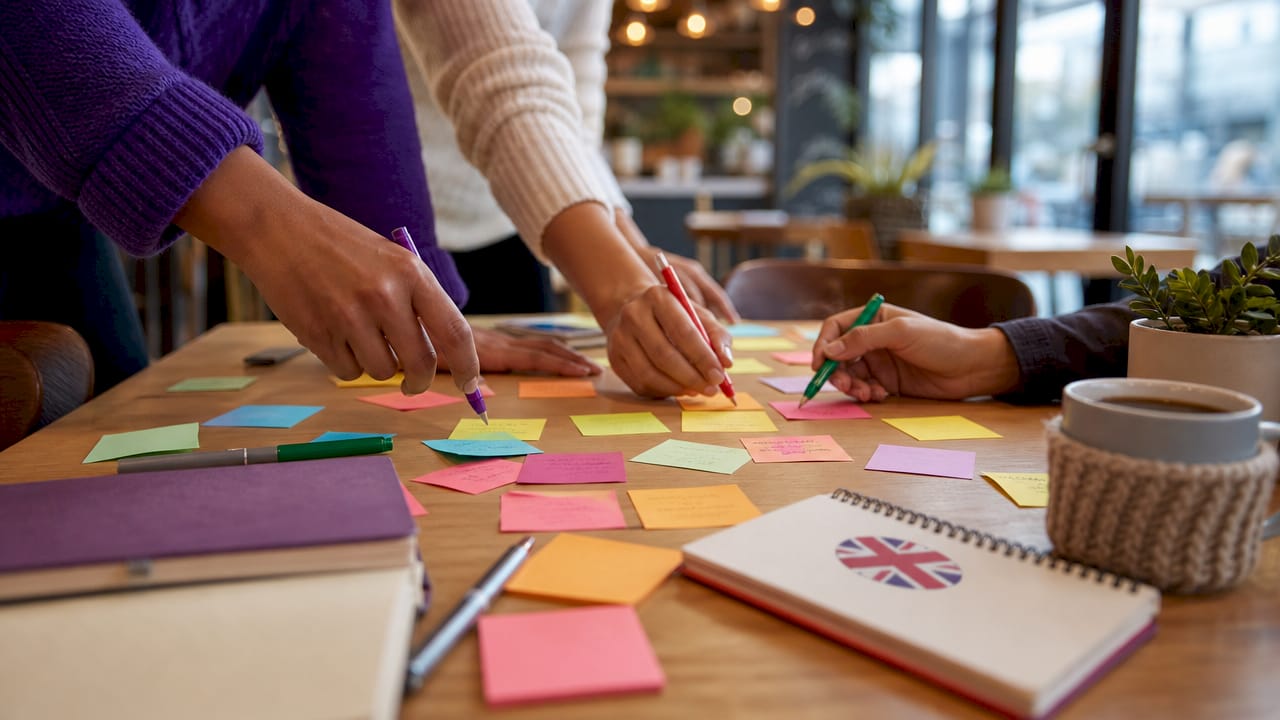 Close-up of hands color-coding planner tasks