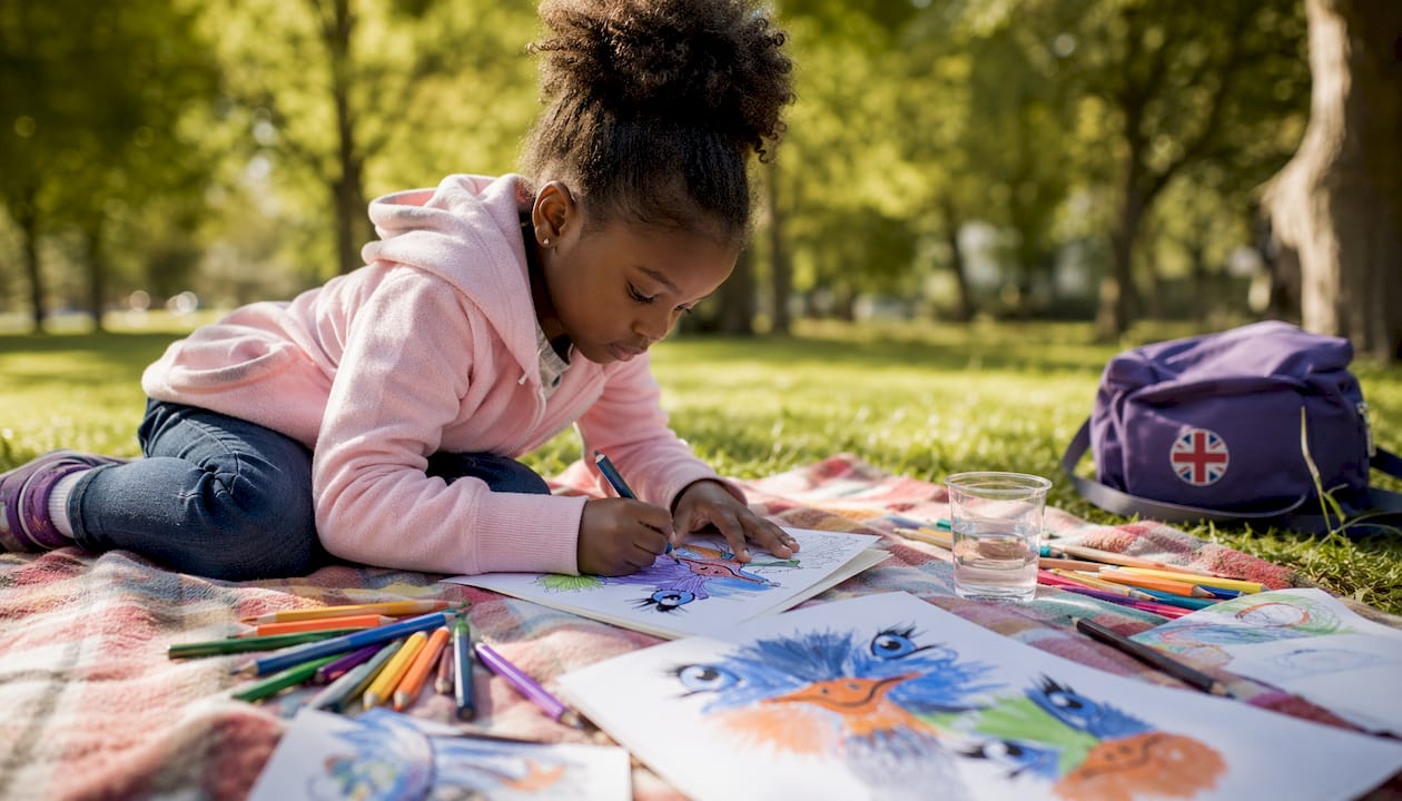Child's hands coloring bold outlined sheets on table