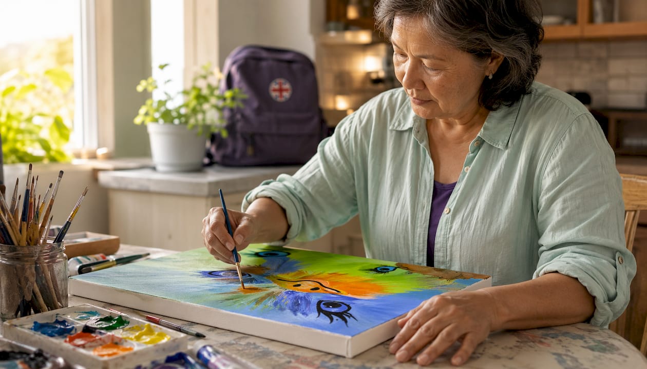 Hands painting colorful abstract art on canvas