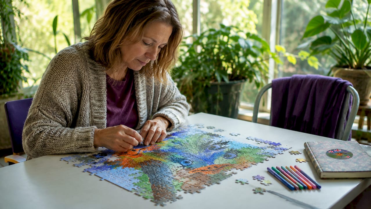 Hands assembling jigsaw puzzle with coloring tools